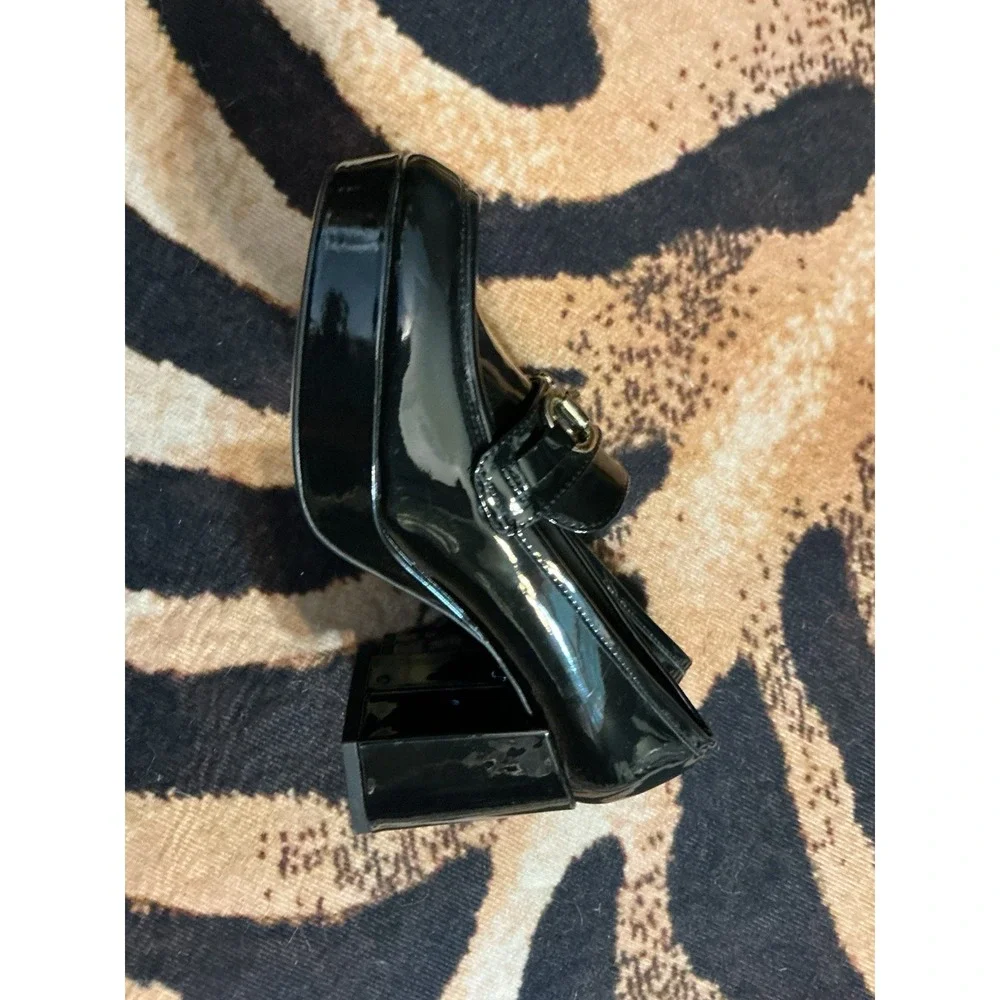 NWT H&M Black Patent Faux Leather Block Chunky Horsebit Loafer Heels